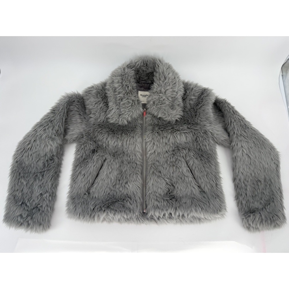 Abercrombie & Fitch Jacket Women's Faux Fur Teddy Coat Size Medium Gray Full Zip